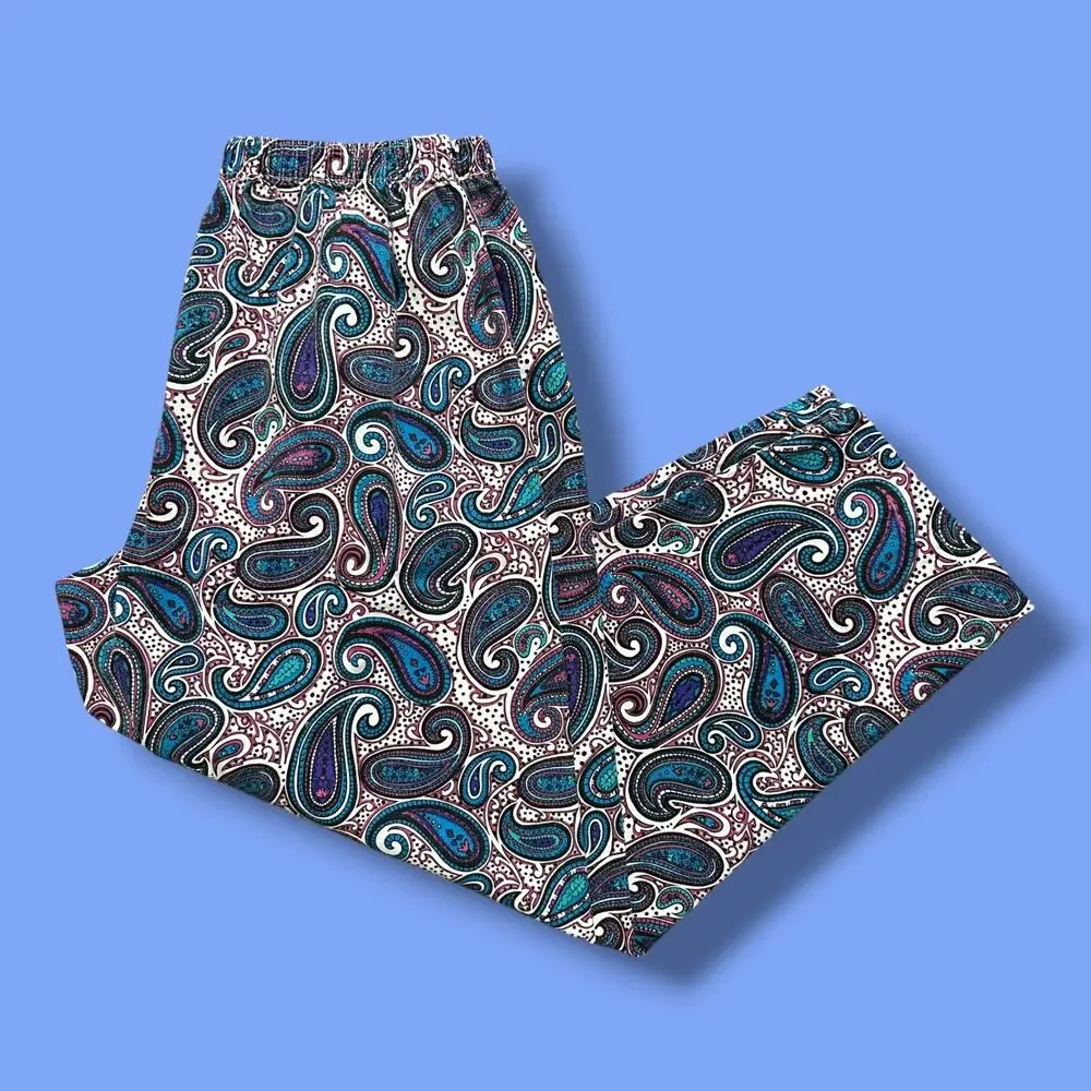 Vintage 80s Paisley Pants Elastic Waist Baggy Wide Leg Unisex Cotton 32-34